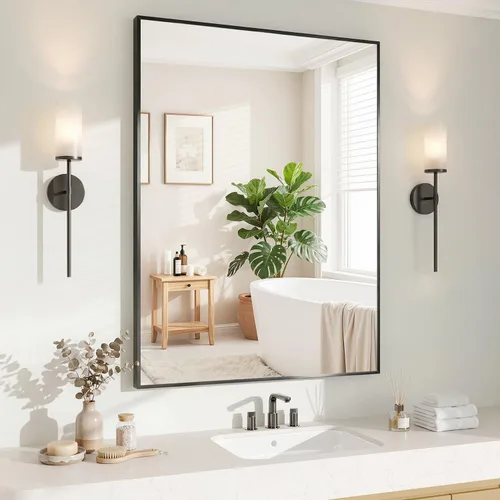 Koonmi Espejo de pared rectangular negro, espejo de baño de 24 x 32 pulgadas, espejo de tocador con marco de aluminio para entrada, sala de estar,
