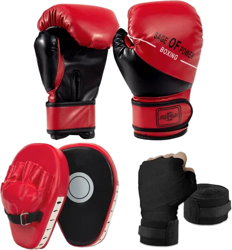 Juego de guantes de boxeo y guantes de boxeo 3 en 1 para niños, guantes de boxeo, almohadillas de enfoque con envolturas de mano para niños, equipo
