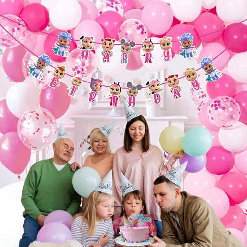 Miniatura 3 de Cartel de feliz cumpleaños de Cri Babes, decoración de fiesta temática de dibujos animados de muñeca de bebé, colorido cartel colgante