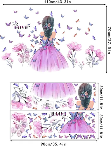 Miniatura 6 de Pegatinas de pared de mariposa para niña, calcomanía de pared de hada de flores, papel tapiz floral rosa, mariposas coloridas, bricolaje, arte