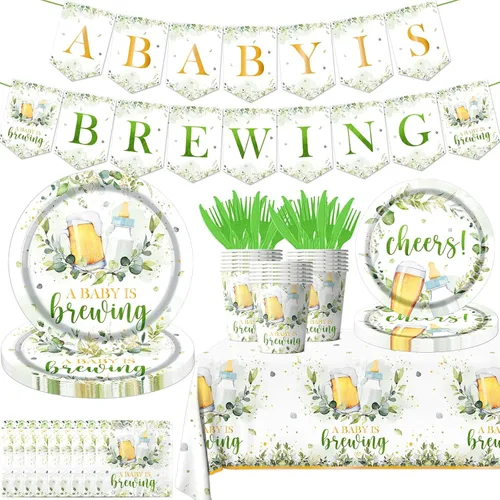 Juego de vajilla de 142 piezas para decoración de baby shower, incluye platos de baby shower, servilletas, tazas, mantel para cumpleaños, fiesta de