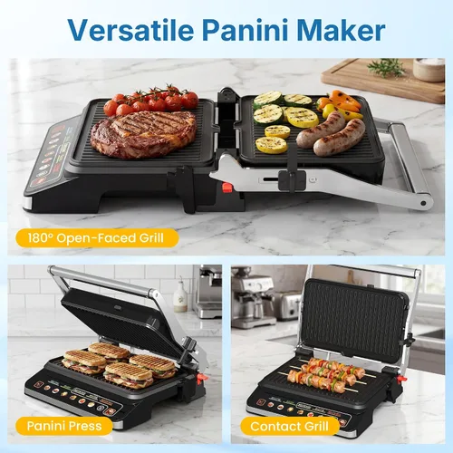 Miniatura 3 de Parrilla y plancha para interiores 3 en 1: apertura plana de 180°, menú preestablecido, sandwichera de prensa Panini eléctrica de 1600 W con placas