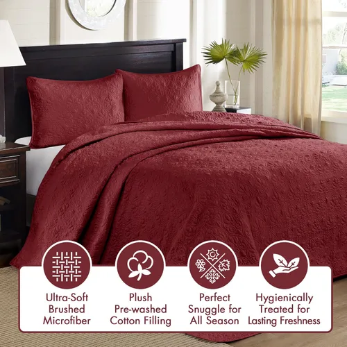 Miniatura 3 de Madison Park Quebec Juego de ropa de cama tamaño queen, color rojo, damasco, 3 piezas, fundas de colcha de microfibra ultra suave, colcha acolchada