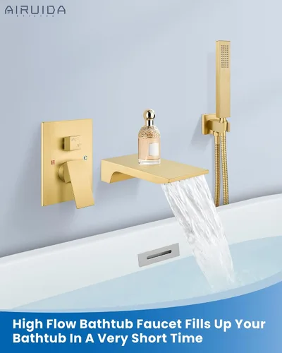 Miniatura 2 de Airuida Grifo de bañera de montaje en pared con boquilla de cascada, grifo de bañera montado en la pared con ducha de mano de una sola manija, juego