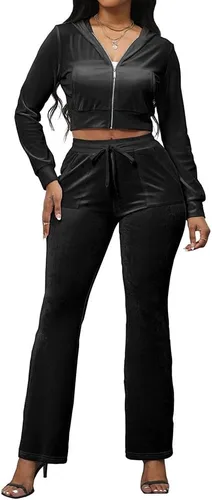Miniatura 4 de PINSV Conjunto de 2 piezas de terciopelo para mujer, sudadera con capucha y cremallera para correr, conjunto de entrenamiento