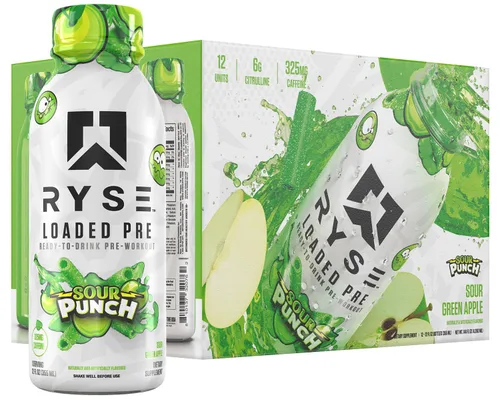 RYSE - Bebida cargada para antes del entrenamiento, manzana verde ácida, sin azúcar, lista para beber, suplemento energético con 325 mg de cafeína,