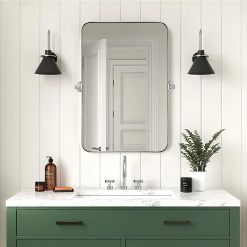 Miniatura 4 de TEEBARN Espejo de baño rectangular pivotante con marco de níquel cepillado de 20 x 30 pulgadas, espejo de tocador rectangular redondeado inclinable
