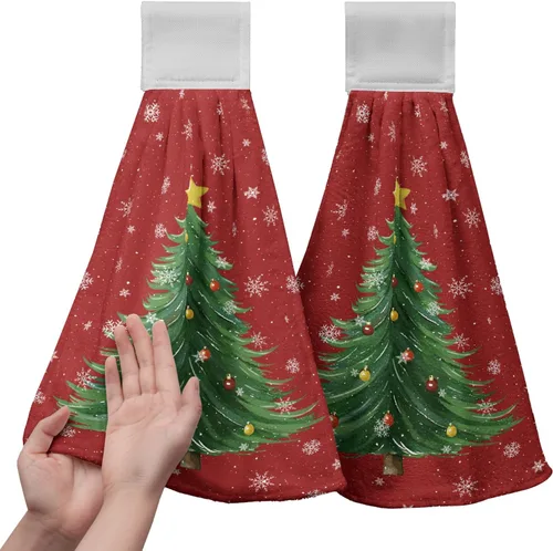 Miniatura 37 de Juego de 2 toallas de cocina colgantes de hojas tropicales de verano, color verde, hojas de palmera, con bucles para colgar, suaves y absorbentes