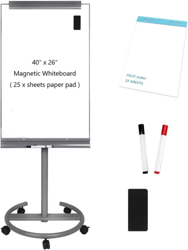 Miniatura 10 de BIBOC Pizarra blanca móvil grande de borrado en seco de 32 x 48 pulgadas con soporte rodante, pizarra blanca ajustable de altura de doble cara