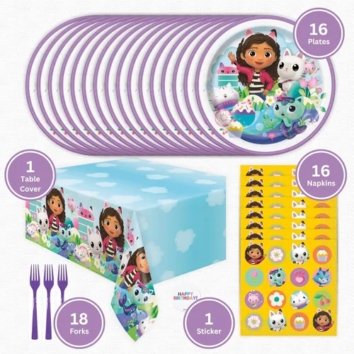 Miniatura 2 de Gabby - Decoraciones de fiesta de casa de muñecas – 16 platos, servilletas, cubierta de mesa, tenedores, calcomanías, decoraciones de cumpleaños