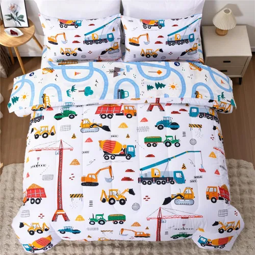 Miniatura 11 de NTBED Juego de edredón individual de 5 piezas con diseño de camión de construcción para niños varones, cama en una bolsa, vehículos excavadora, Azul