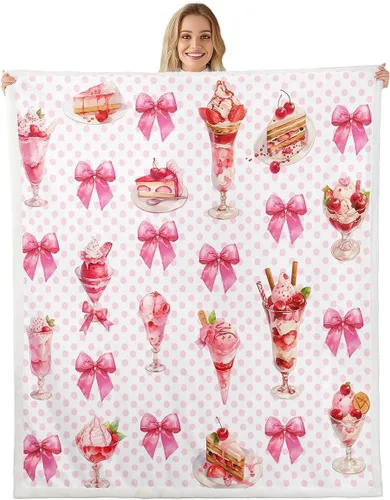 Miniatura 6 de Manta de franela con lazo rosa, manta de vellón con lazo en acuarela para decoración del hogar, sofá, sofá, manta de forro polar kawaii de dibujos