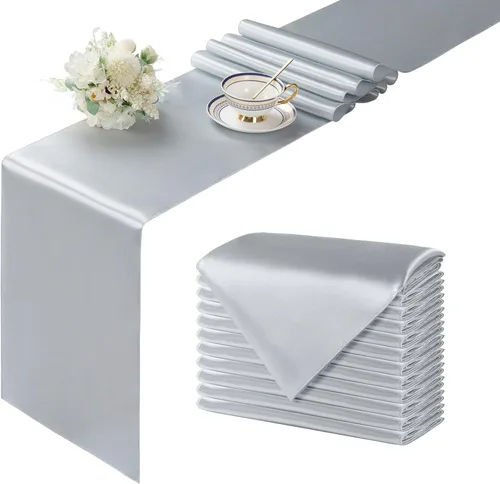 Manyshofu 24 Piezas Caminos de Mesa de Satén Plateado – Tamaño Largo de 12 x 108 Pulgadas, Decoración de Camino de Mesa para Fiestas Brillante y