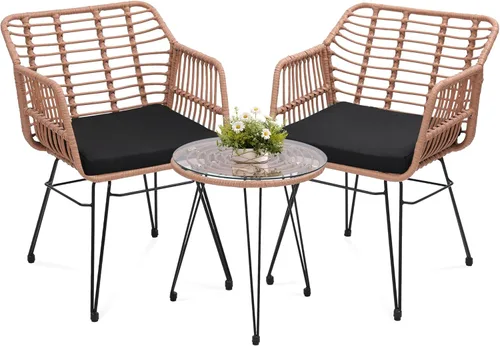 KROFEM - Juego de 3 piezas de muebles de mimbre para patio estilo bistró, incluye 2 sillas de ratán y mesa con tapa de vidrio, ideal para porche,