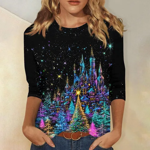 Miniatura 86 de Camisetas de manga 3/4 para mujer, cuello redondo, holgadas, casuales, con estampado floral, camisetas de moda para el trabajo de negocios