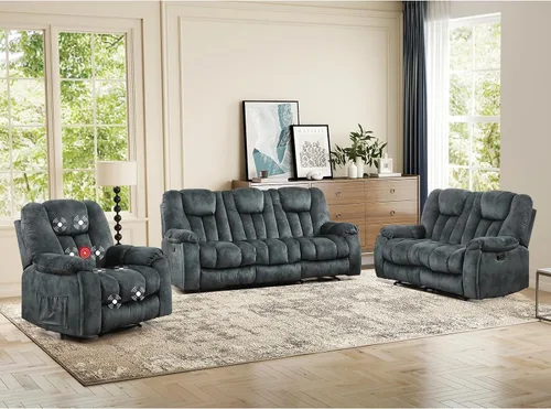 Miniatura 23 de EBELLO Silla reclinable manual con masaje y calor, sillón reclinable de tela suave para adultos con portavasos ocultos, bolsillo lateral, sofá
