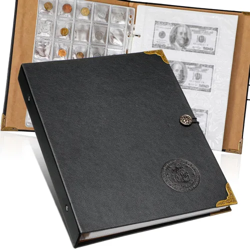 Zonon Álbum de monedas para coleccionar monedas, soporte para libros con 150 bolsillos para monedas y 240 bolsillos de papel para monedas, de piel