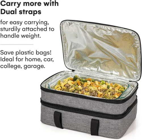 Miniatura 2 de VP Home Transportador de Cazuela Grande – Bolsa aislada de doble compartimento para alimentos calientes o fríos – Transportador de cupcakes – Bolsa