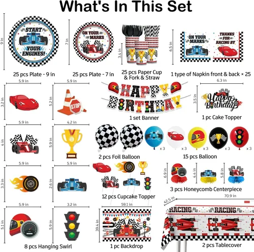 Miniatura 2 de Juego todo en uno de 195 piezas de decoración de fiesta de cumpleaños de coche de carreras, juego de platos y servilletas con pancarta, telón