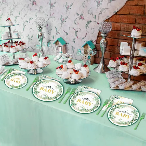 Miniatura 6 de Tevxj Juego de vajilla de 96 piezas Sage Greenery Oh Baby para baby shower, vajilla desechable, platos verdes con lámina dorada, platos para fiestas