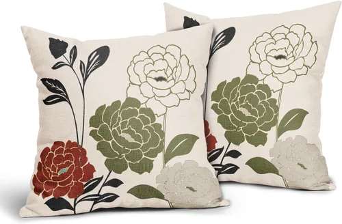 Kawani Juego de 2 fundas de almohada de 18 x 18 pulgadas para exteriores, color verde militar, henna roja floral, fundas de almohada decorativas
