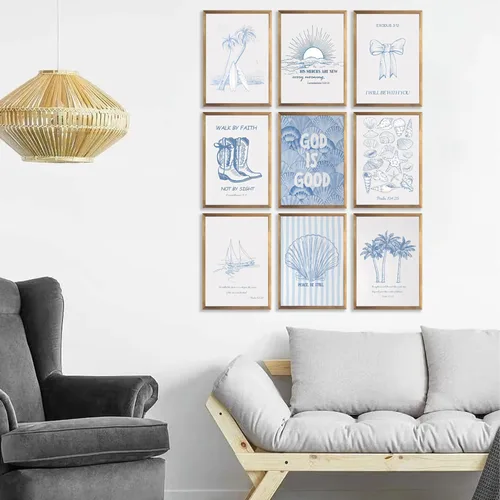 Miniatura 4 de 9 Piezas Arte de Pared Cristiano Costero Azul Pósteres de Conchas Marinas Versículos Bíblicos Inspiradores Océano Playa Estrella de Mar Palmera