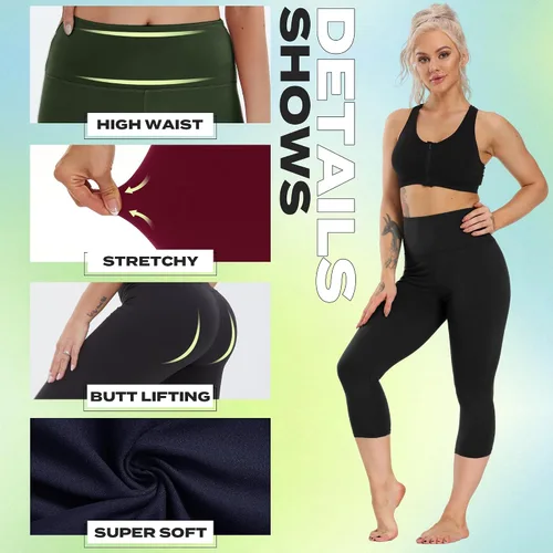 Miniatura 47 de NexiEpoch - Paquete de 4 leggings suaves para mujer, con bolsillos, control de abdomen y cintura alta, pantalones capri para yoga y ejercicio