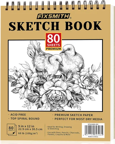 FIXSMITH Cuaderno de bocetos de 9"X12" | 80 hojas (68 lb/100gsm) | Bloc de bocetos de artista encuadernado en espiral superior | Bloc de dibujo sin
