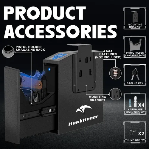 Miniatura 6 de Caja fuerte para pistola, funda de pistola, deslizante biométrico para pistola, para mesita de noche, caja fuerte para pistola para escritorio