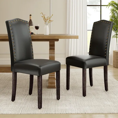 Miniatura 19 de LSSPAID Juego de 4 sillas de comedor, modernas y cómodas sillas Parsons tapizadas de lino con ribete de cabeza de clavo de bronce y patas de madera