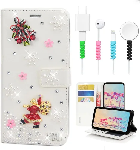 Miniatura 7 de Bling - Funda tipo cartera para teléfono compatible con Samsung Galaxy S21 Ultra, elegante, hecha a mano en 3D, diseño de árbol de Navidad, alce