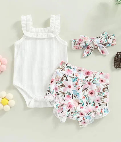 Miniatura 7 de Conjunto de ropa de verano para bebé recién nacida, conjunto de ropa de verano con estampado floral, mameluco con cordón y diadema corta