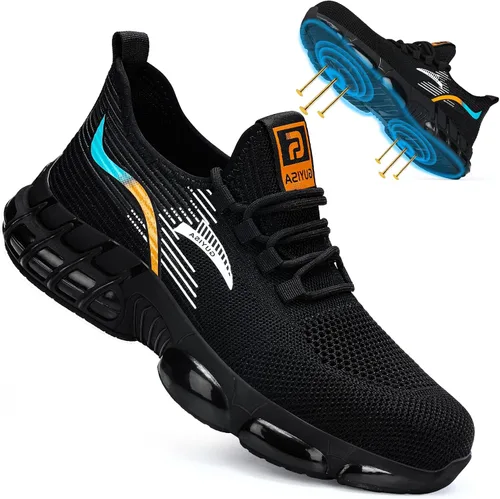 BAIYIJIA Zapatos de punta de acero para hombre, zapatos de trabajo antideslizantes para construcción con amortiguación de aire, zapatos