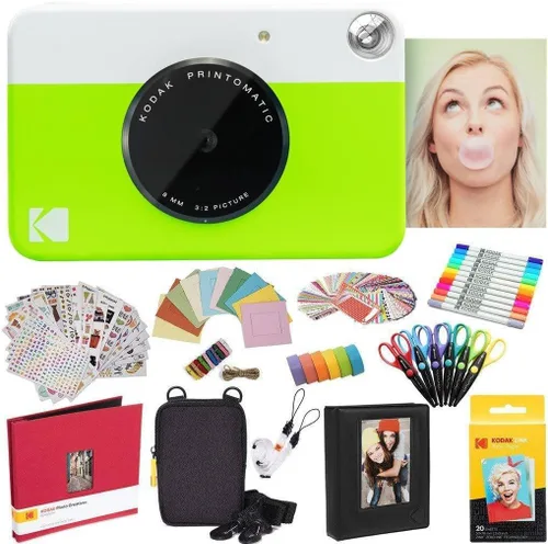 Kodak Printomatic - Cámara instantánea (verde) todo en paquete + papel Zink (20 hojas) + funda de lujo + álbum de fotos + 7 juegos de calcomanías +