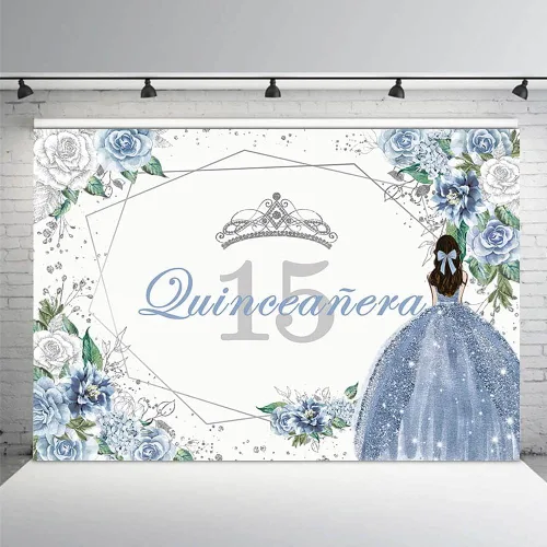 MEHOFOND Telón de fondo de quinceañera con 15 letras para fiesta de niñas de 15 años con texto en inglés «Sweet 15 Quince años», fondo floral azul,
