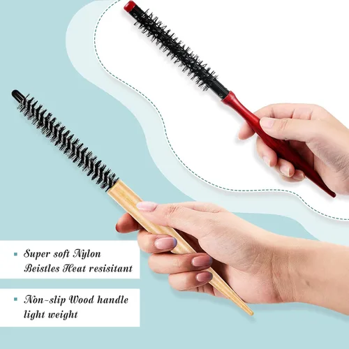 Miniatura 4 de 2 piezas de cepillo pequeño redondo para el cabello, mini cepillo redondo de madera, cepillo Quiff, peines de pelo de cerdas de nailon para vestir