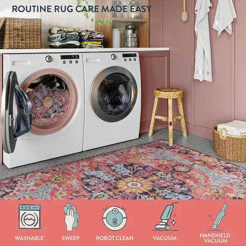 Miniatura 4 de Lahome Alfombra Floral Bohemio Medaillon - 2x3 Pequeña Alfombra de Baño Rosa Caliente, Alfombra de Cocina, Lavable a Máquina, Antideslizante, Suave