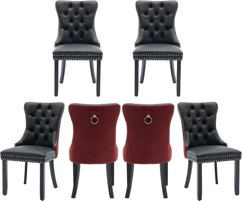 Miniatura 17 de Juego de 4 sillas de comedor de terciopelo, sillas de comedor tapizadas con ribete de cabeza de clavo, patas de madera, anillo de tracción, sillas