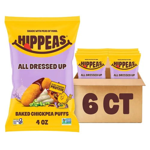Hippeas Puffs de garbanzos, todo disfrazado, 6 bolsas de 4 onzas, bocadillos de garbanzos crujientes horneados con 0.11 onzas de proteína vegetal,