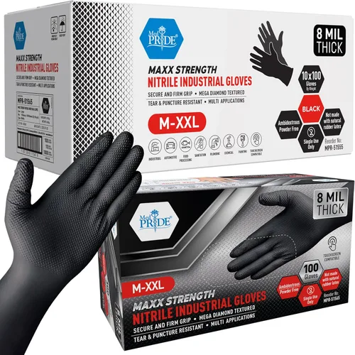 Miniatura 8 de MED PRIDE Maxx Strength - Nitrilo industrial negro, 8 mil de grosor, textura de diamante, desechable, resistente, resistente al desgarro