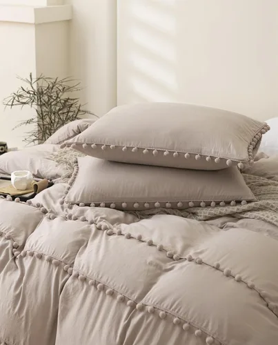 Miniatura 4 de INFLAG Funda de edredón de tamaño individual con pompones, juego de ropa de cama de microfibra bohemia de 3 piezas, 1 funda de edredón de 66 x 90