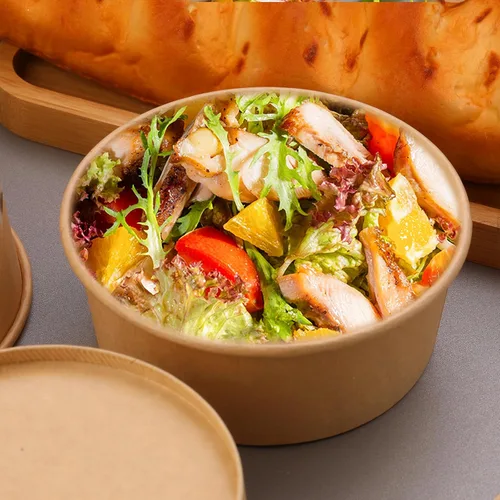 Miniatura 5 de Tazones desechables de 25 onzas con tapas, paquete de 25 tazones grandes de papel kraft con tapas, recipiente redondo de papel para alimentos fríos