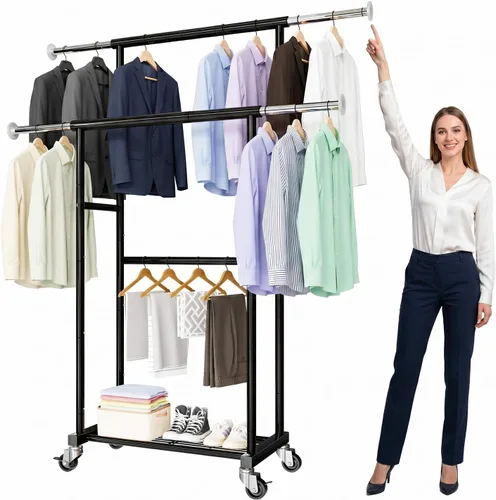 Miniatura 9 de Perchero de ropa estándar, 50 pulgadas de largo, con estantes de malla sobre ruedas, estante de armario portátil ajustable para dormitorio, cuarto