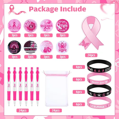 Miniatura 4 de Cholemy El juego de 120 regalos de concientización sobre el cáncer de mama incluye bolígrafos de cinta rosa, insignias de botón, mini bloc de notas