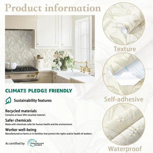 Miniatura 6 de Heroad Papel tapiz autoadhesivo para despegar y pegar, papel de contacto bohemio, moderno, neutro, hojas beige, extraíble, para armarios