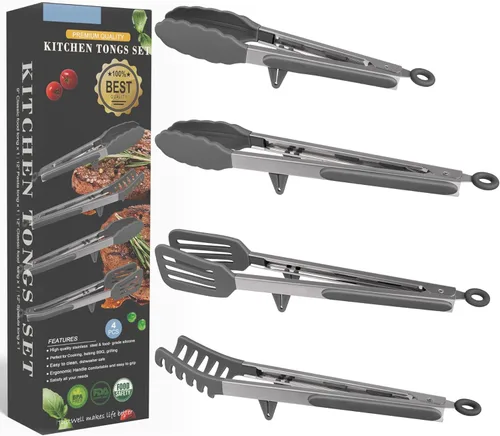 Miniatura 10 de Juego de pinzas de cocina de acero inoxidable 4 en 1 para cocinar con puntas de silicona, tostadora de bistec, pizza, pasta, espagueti, fideos, Negro