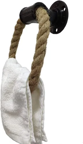 Miniatura 2 de Anillo de toalla náutico, cuerda de tubo industrial, anillo de toalla montado en la pared, soporte rústico para toalla de mano, decoración de baño