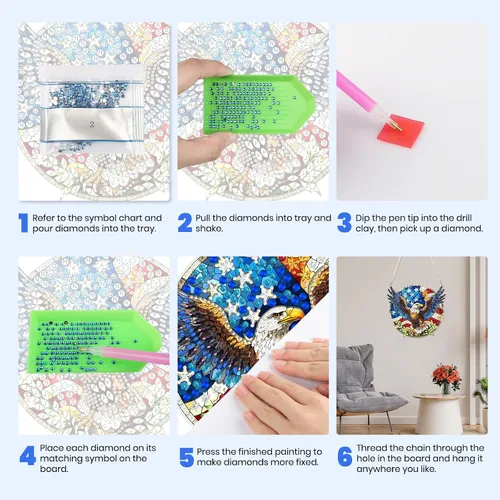 Miniatura 7 de MXJSUA Atrapasoles con pintura de diamante de águila calva americana, kits de arte de diamantes para adultos, adornos colgantes con cadena