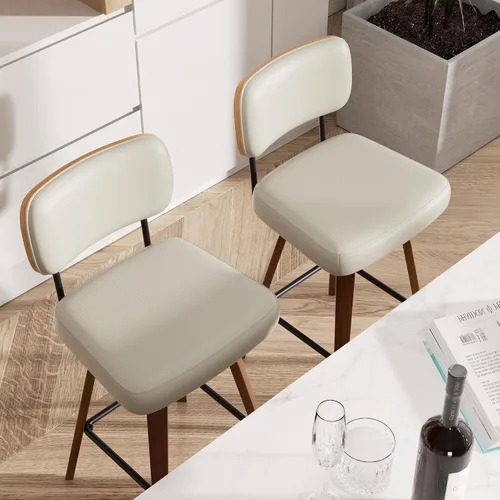 Miniatura 7 de Juego de 1 taburete de bar giratorio, taburetes de bar tapizados de 26" de altura para encimera con respaldo de nogal y patas de madera curvada