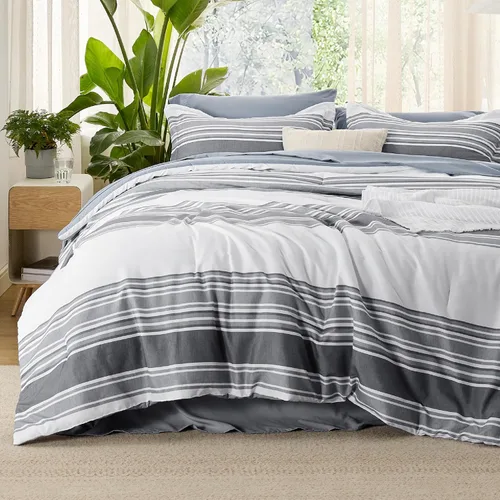 Miniatura 22 de Bedsure Juego de ropa de cama con edredón tamaño individual de 5 piezas, juego de ropa de cama a rayas azules para todas las estaciones, reversible